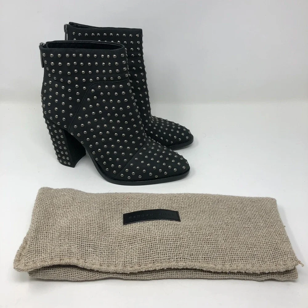 Mercer Edit Black Leather Full Monty Studded Booties Womens 6.5 Almond Toe 4